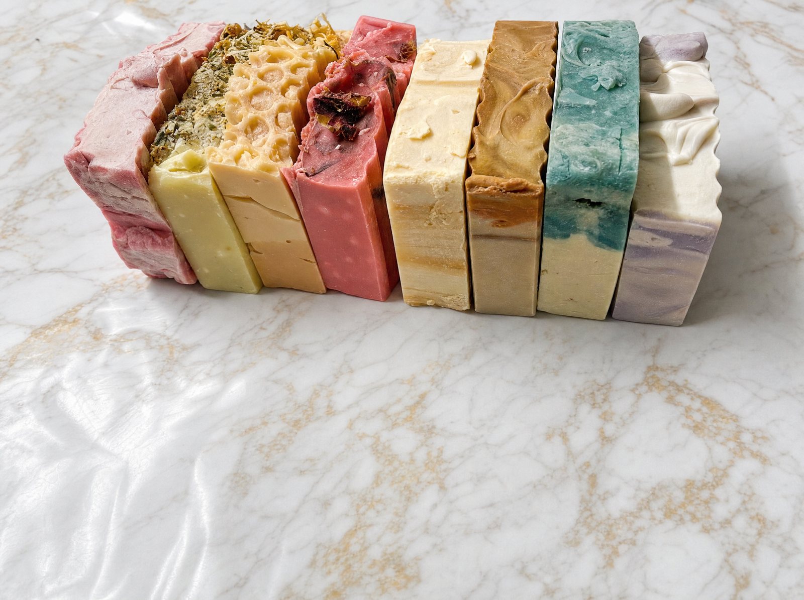 A row of handmade cold-process soap bars in pink, cream, gold, teal and lavender, standing on a marble surface